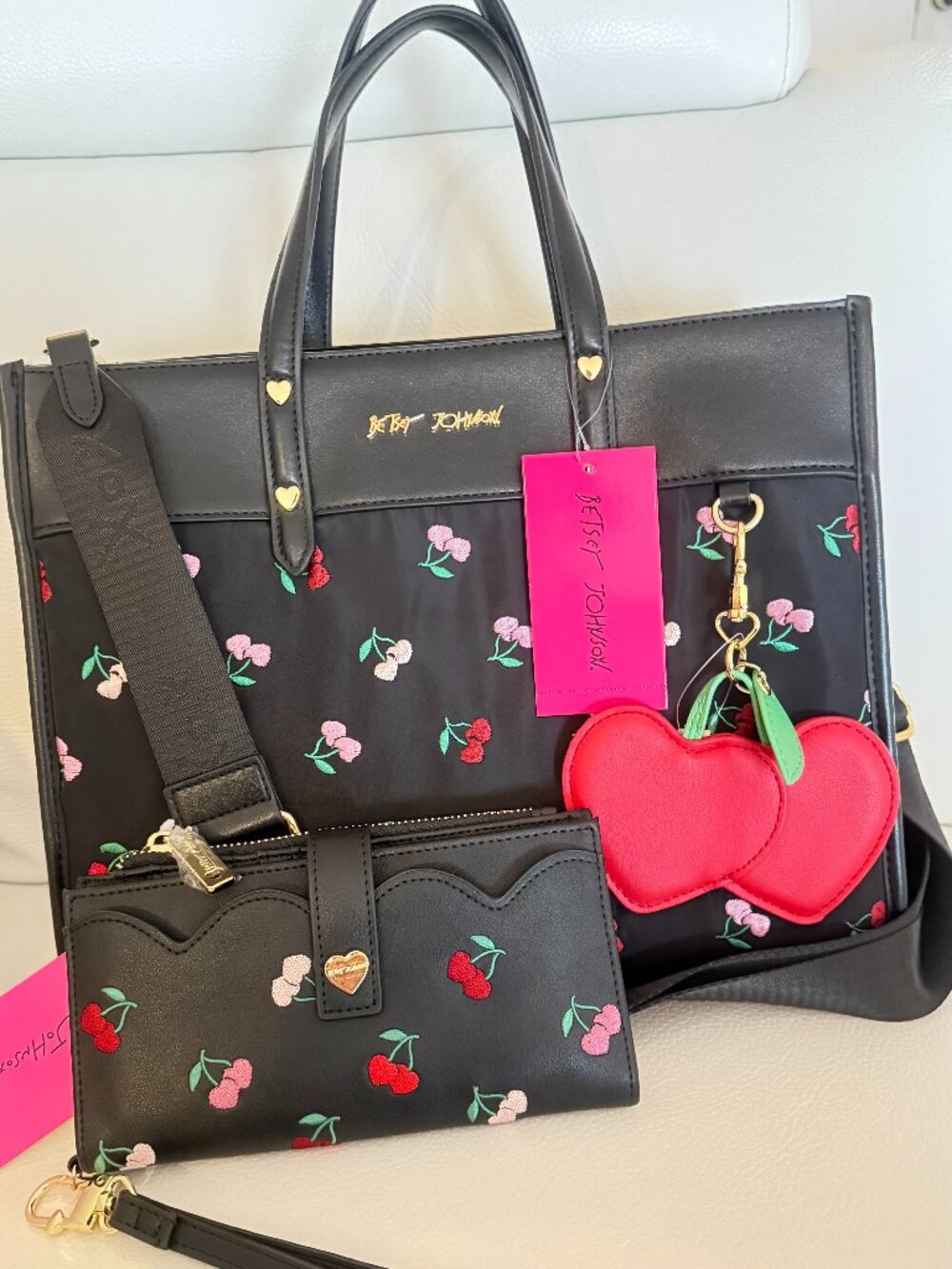 NWT BETSEY JOHNSON XOBECA -N TOTE CROSSBODY BAG & WRISTLET BLACK W CHERRIES